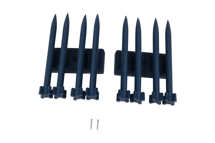 Black plastic stakes with nails for securing outdoor items
