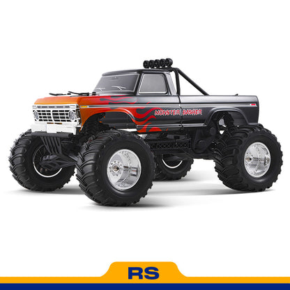 FMS 1:10 Ford F-100 monster truck, black with red flames, "Monster Basher" text, RS version.