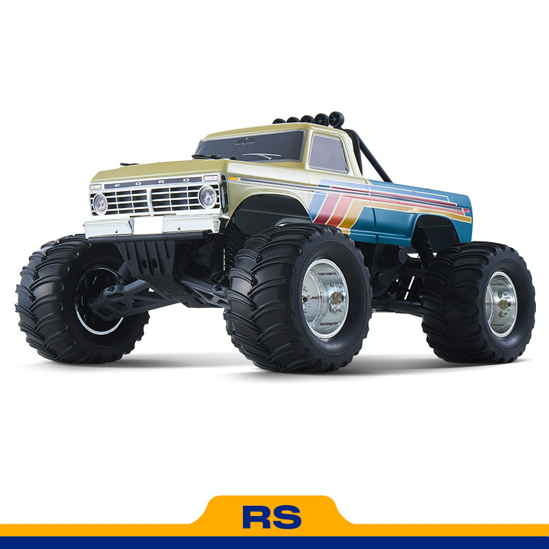 FMS 1:10 Ford F-100 Brushless RS monster truck, gold/blue with racing stripes.