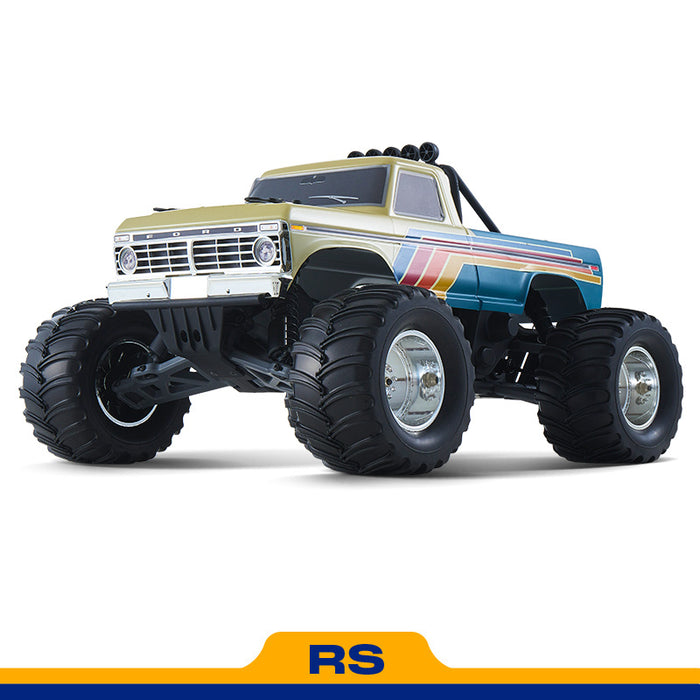 FMS 1:10 Ford F-100 Brushless RS monster truck, gold/blue with racing stripes.
