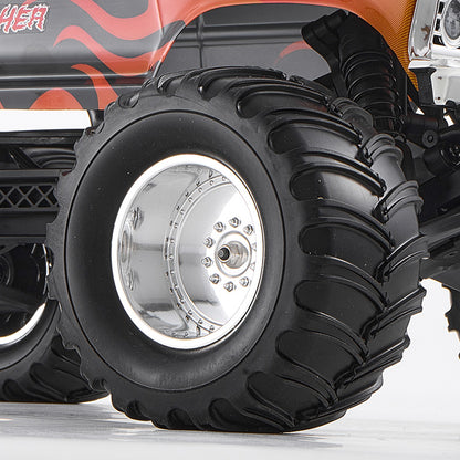 FMS 1:10 Ford F-100 Brushless RS monster truck tire with chrome wheel and flame graphics.