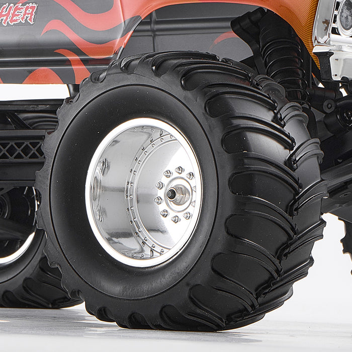 FMS 1:10 Ford F-100 Brushless RS monster truck tire with chrome wheel and flame graphics.