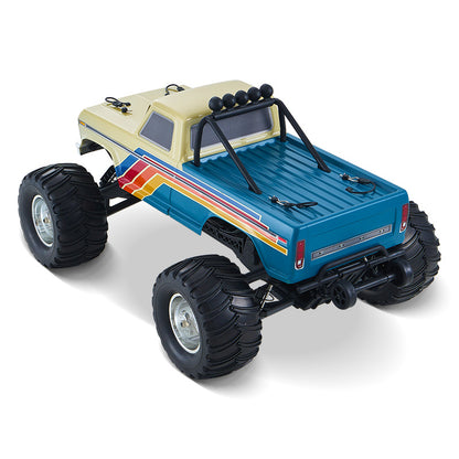 FMS 1:10 Ford F-100 RC brushless monster truck, blue with retro stripes, large tires.