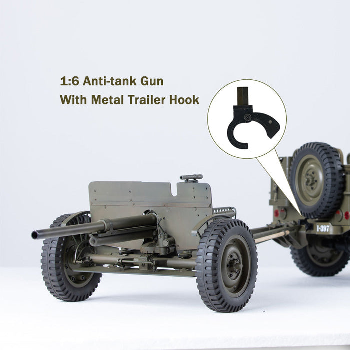 1:6 scale anti-tank gun model with metal trailer hook