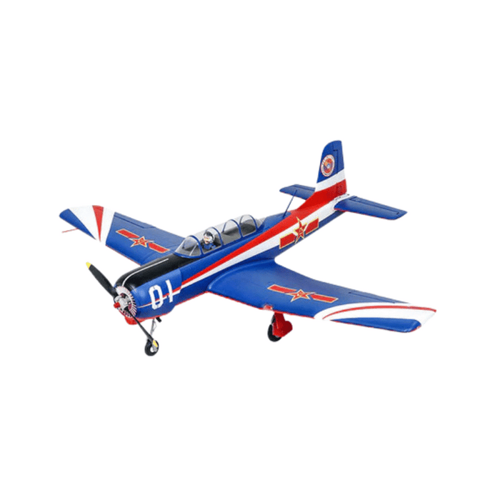 FMS 1200mm CJ6 V2 PNP model airplane with blue, red, and white PLAAF livery and '01' marking.
