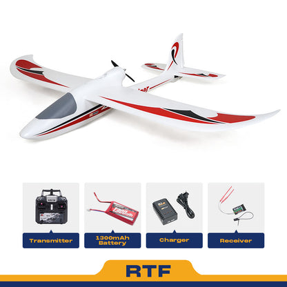 FMS 1280mm Easy Trainer RTF: white RC airplane with red accents, transmitter, 1300mAh battery, charger, and receiver.