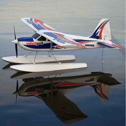 FMS 1400mm Kingfisher PNP seaplane with floats on water, showcasing its blue, red, and white livery and propeller.