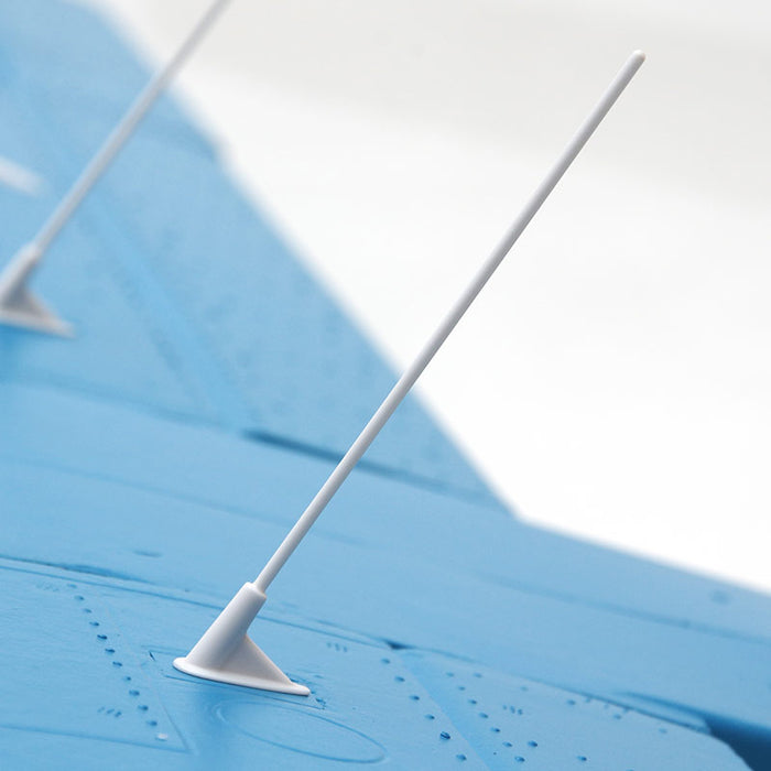 FMS 1500mm Maule blue RC airplane wing with two white antennas and scale detail rivets.