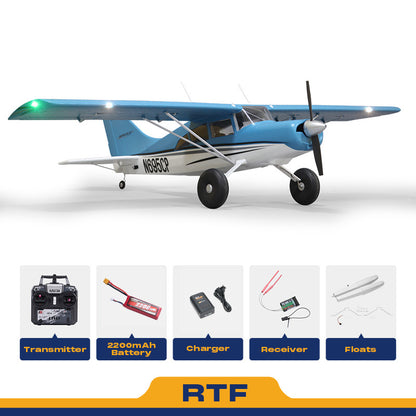 FMS 1500mm Maule RC airplane with floats RTF: blue/white, transmitter, 2200mAh battery, charger, receiver, floats.