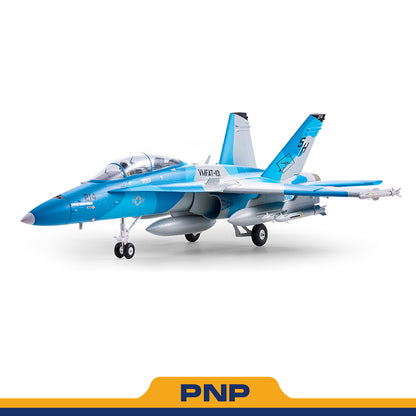 FMS 64mm F/A-18 Hornet PNP jet in blue camouflage, with missiles and landing gear down.