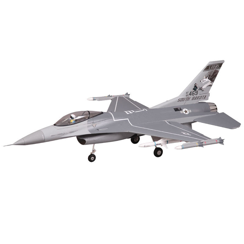 FMS 70mm F-16C Fighting Falcon PNP model jet with missiles. Grey USAF camo, tail reads '469 SOUTH DAKOTA'. Retractable landing gear.