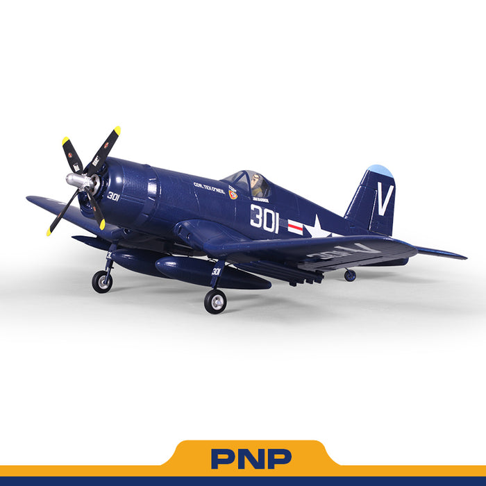 FMS 800mm F4U Corsair V2 PNP model airplane with dark blue body, white star insignia, and pilot figure.