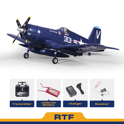 FMS 800mm F4U Corsair V2 RTF model airplane with transmitter, 1300mAh battery, charger, and receiver.