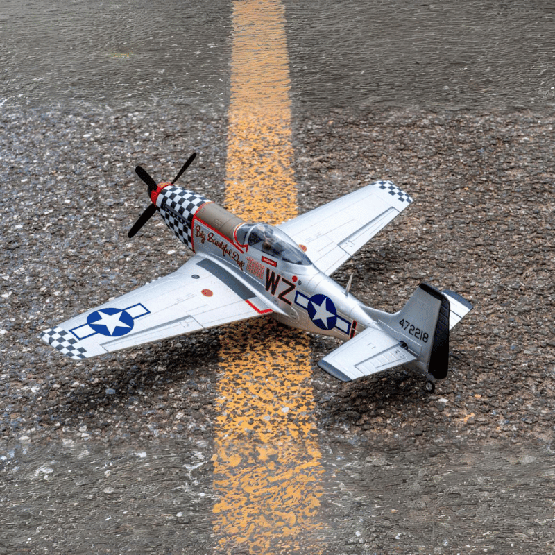 FMS 800mm P-51D V2 Big Beautiful Doll RC plane on runway with military insignia