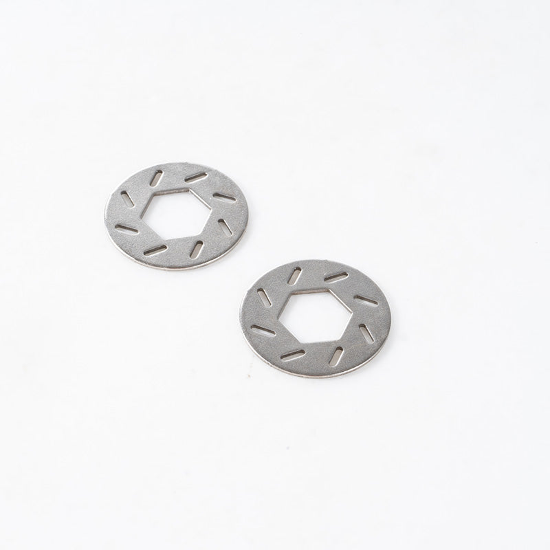 Pair of metal 1:10 Canyon brake discs with hexagonal center and slotted ventilation.
