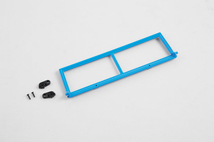 1:12 Land Rover model window frame (blue) with mounting hardware.