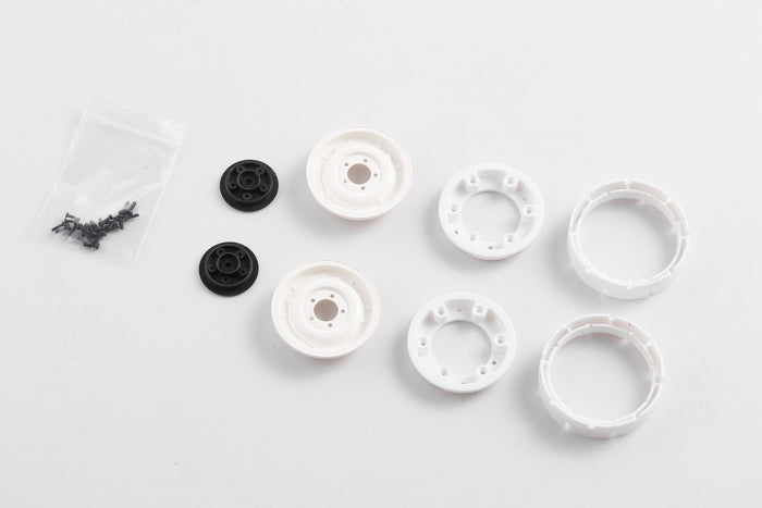 1:12 Land Rover wheel set with white rims, black adapters, and screws