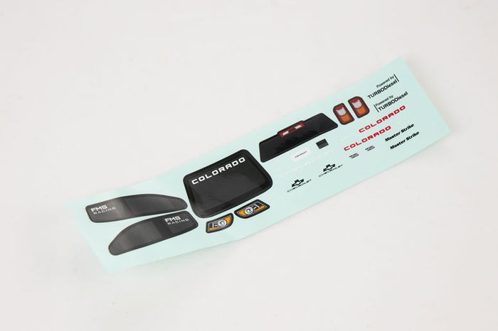 Decal sheet for FMT24 1:24 Chevrolet Colorado RTR model with control labels.
