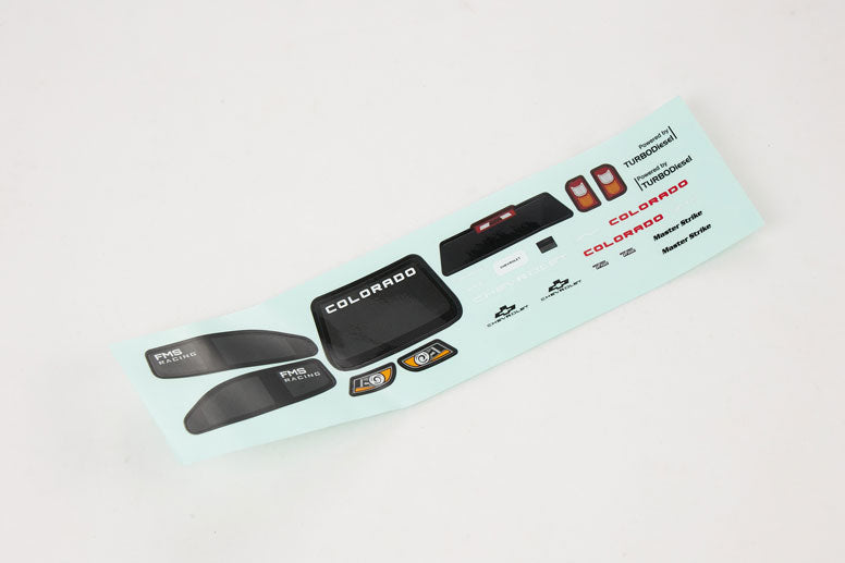 Decal sheet for FMT24 1:24 Chevrolet Colorado RTR model with control labels.
