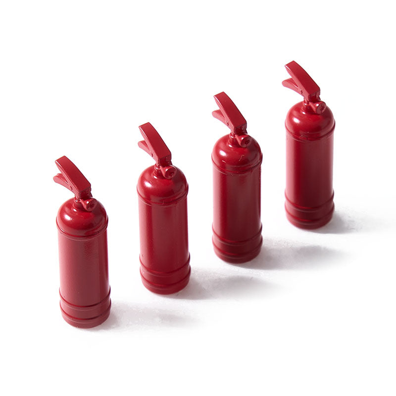 Set of four red fire extinguishers for RC model decoration.