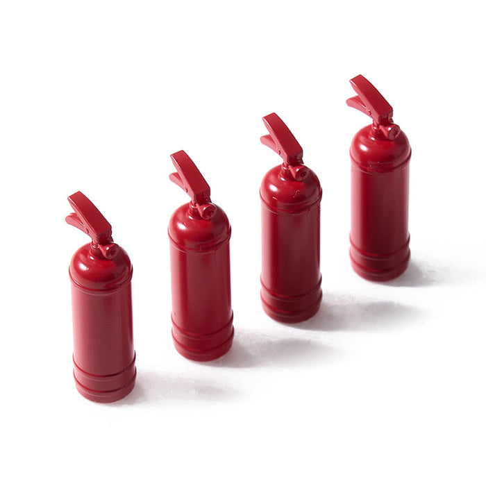 Set of four red fire extinguishers for RC model decoration.