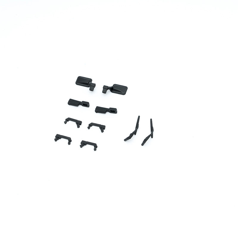Black plastic rearview mirrors, wipers, and handles for RC models