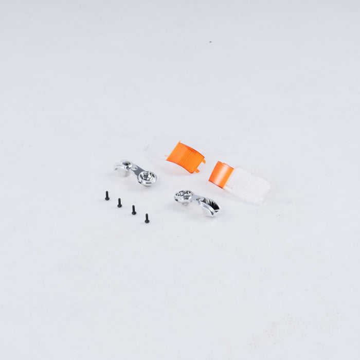 FCX10 Discovery front light set components: metallic mounts, orange lenses, screws.