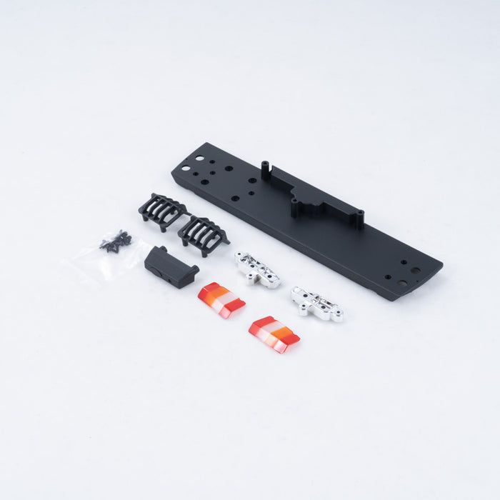 FCX10 Discovery rear light set parts: black chassis plate, red/orange lenses, grills, screws.