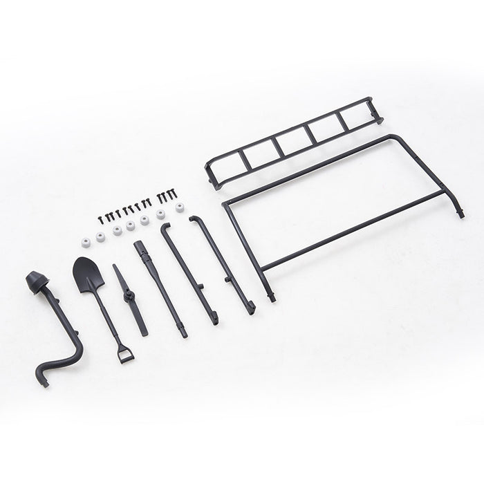 FCX10 Defender 110 wading throat, shovel, ladder rack, and hardware kit. Black plastic accessories.