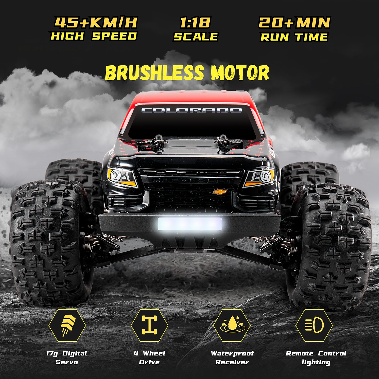 EAZYRC 1:18 Chevrolet Colorado brushless RC truck with 45+ KM/H speed and 20+ min run time.