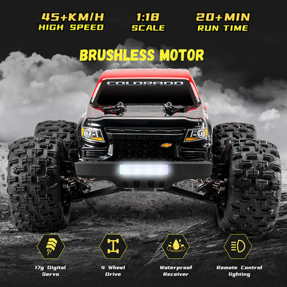 EAZYRC 1:18 Chevrolet Colorado brushless RC truck with 45+ KM/H speed and 20+ min run time.