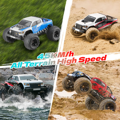 EAZYRC 1:18 Chevrolet Colorado RC truck in grass, sand, water, and mud, highlighting 45KM/h all-terrain speed.