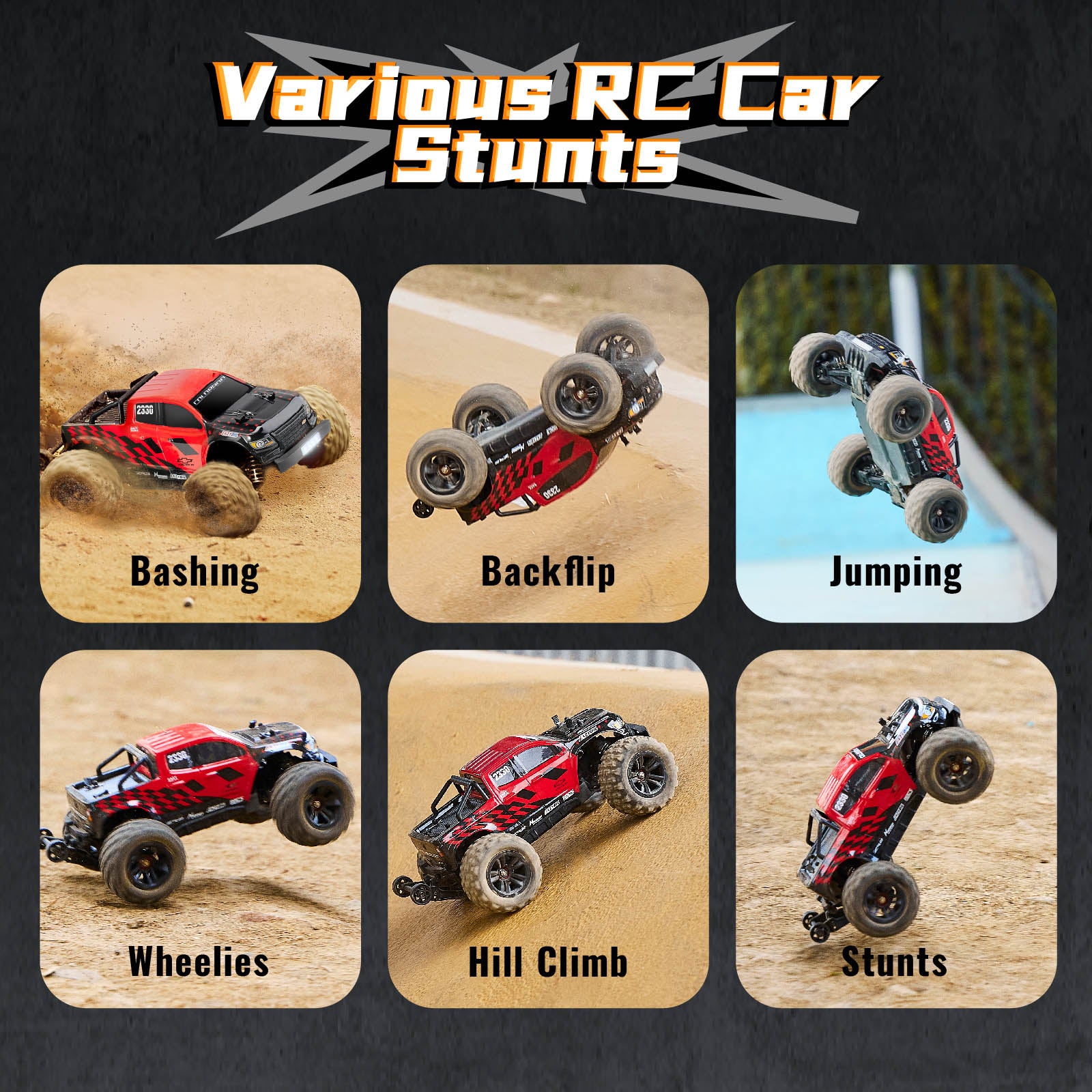 EAZYRC 1:18 Chevrolet Colorado RC car performing stunts: bashing, backflip, jumping, wheelies, hill climb.