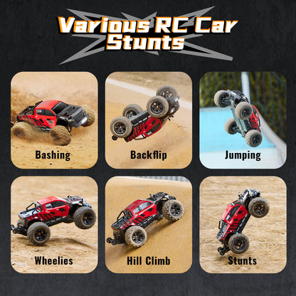 EAZYRC 1:18 Chevrolet Colorado RC car performing stunts: bashing, backflip, jumping, wheelies, hill climb.