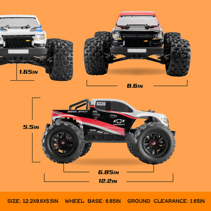 EAZYRC 1:18 Chevrolet Colorado off-road RC truck with dimensions: 12.2"L x 8.6"W x 5.5"H, 6.85" wheelbase, 1.65" ground clearance.