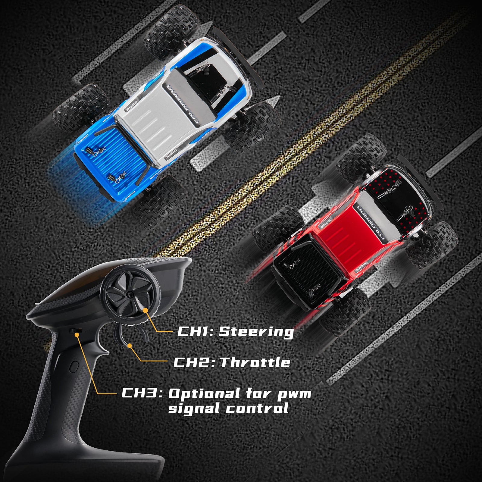 EAZYRC 1:18 Chevrolet Colorado RC trucks, blue and red, with remote control showing steering and throttle options.