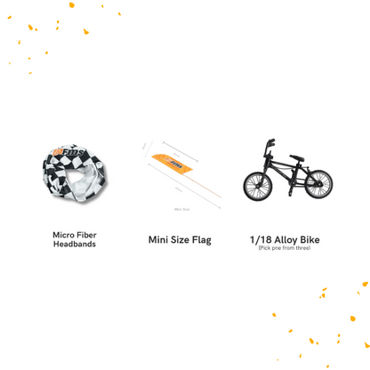 VIP Explorer's Bounty gifts: headbands, mini flag, and customizable 1/18 alloy bike.