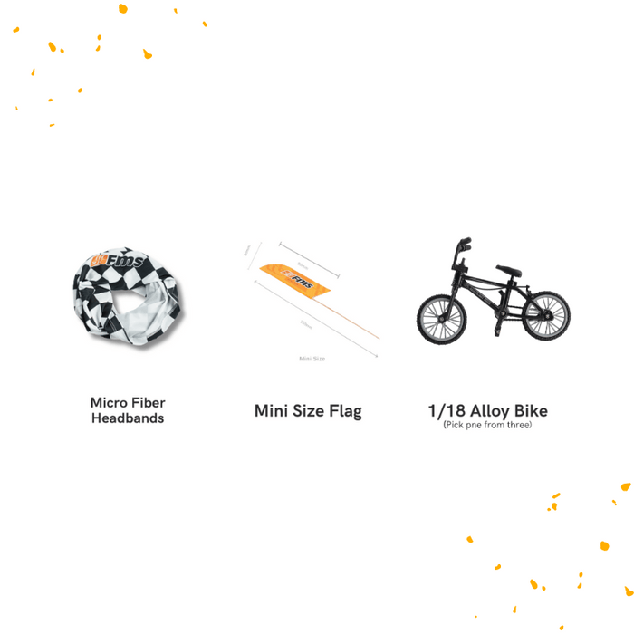 VIP Explorer's Bounty gifts: headbands, mini flag, and customizable 1/18 alloy bike.