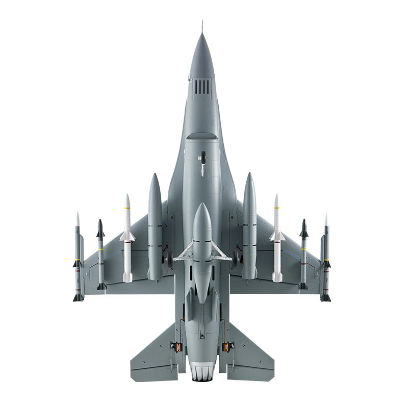 FMS 64mm F-16 Fighting Falcon PNP model, gray, with missiles and fuel tank.