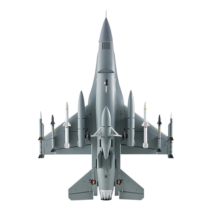 FMS 64mm F-16 Fighting Falcon PNP model, gray, with missiles and fuel tank.