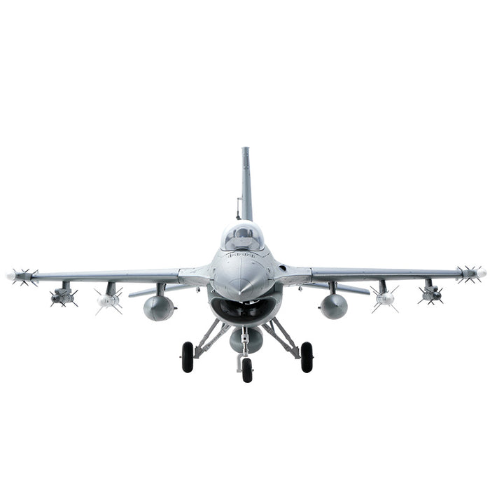 FMS 64mm EDF Jet F-16 Fighting Falcon PNP model in grey, with missiles and landing gear deployed.