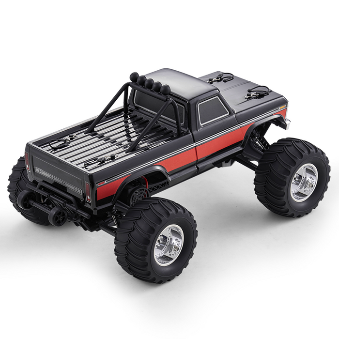 FMS 1:10 Ford F100 Monster Truck 2WD RTR, black with red stripe, large tires, roll cage.