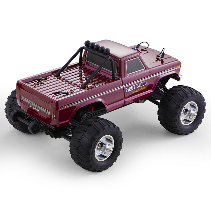 FMS 1:10 Ford F100 Monster Truck 2WD RTR in burgundy with "FIRST BLOOD" detailing and large tires.