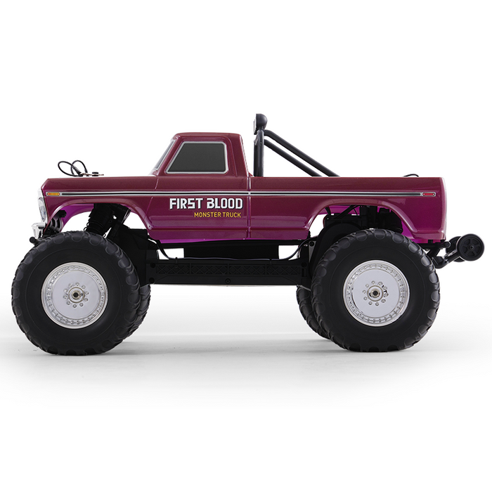 FMS 1:10 Ford F100 Monster Truck 2WD RTR/RS, purple, with 'First Blood' branding.