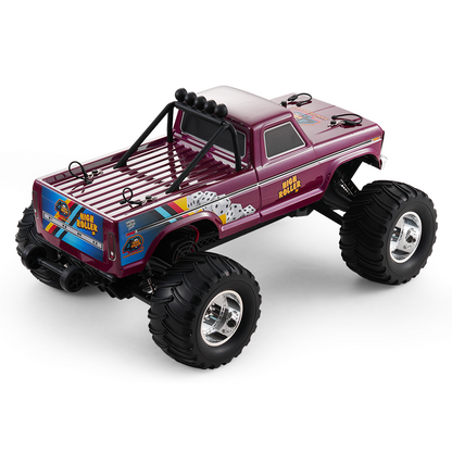 FMS 1:10 Ford F100 Monster Truck 2WD RTR/RS in plum with 'HIGH ROLLER' decals, large tires, and roll bar