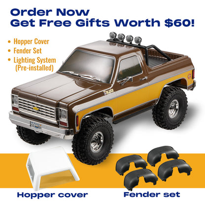 FMS 1:10 RC Chevrolet K5 Blazer RS with free gifts: hopper cover, fender set, and lighting.