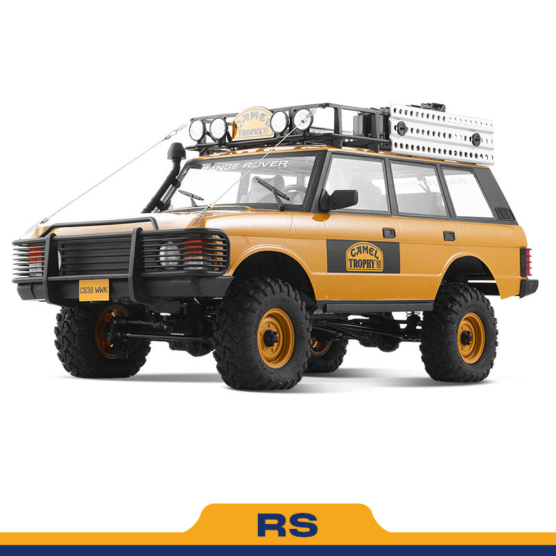 FMS 1:10 FCX10 Land Rover Camel Trophy RS RC crawler, yellow, off-road, roof rack, snorkel, Camel Trophy decals