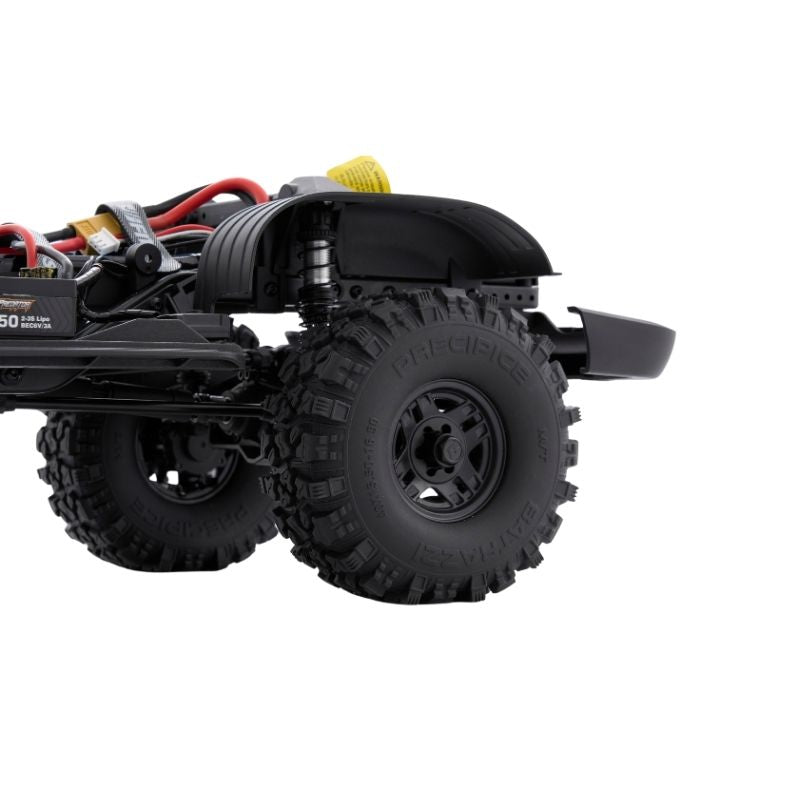 FMS 1:10 FCX10 PRO Land Cruiser LC80 RS V2 tires and suspension detail with brushless motor battery pack.