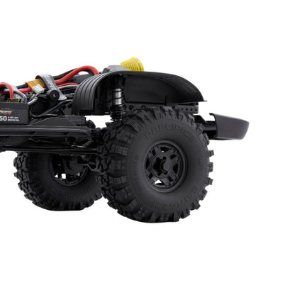 FMS 1:10 FCX10 PRO Land Cruiser LC80 RS V2 tires and suspension detail with brushless motor battery pack.