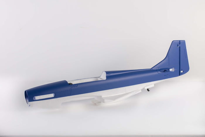 Sleek blue 1100mm P-51 fuselage highlighting aerodynamic design for RC model